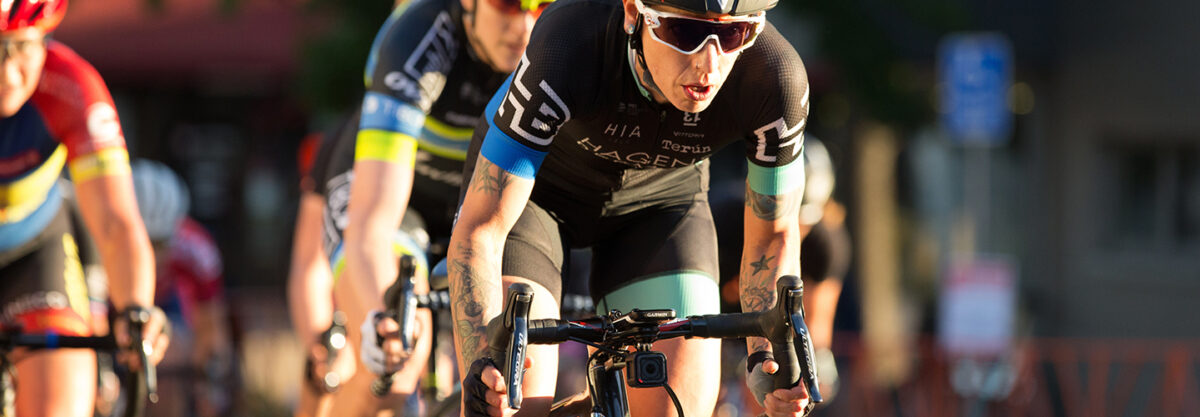 A bike racer sprinting for the finish line