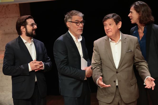 Philippe Brun, MP for Eure, Olivier Faure, the Socialist leader, Patrick Kanner, president of the Socialist senators and Sandrine Runel, MP for Rhône, during the Socialist summer conference in Blois on August 30, 2025.