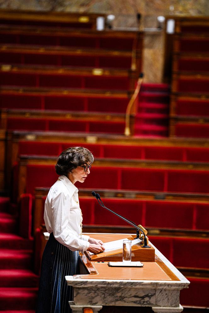 Culture Minister Rachida Dati speaks during a debate at the Assemblée Nationale on a public broadcasting reform, in Paris, on June 30, 2025.