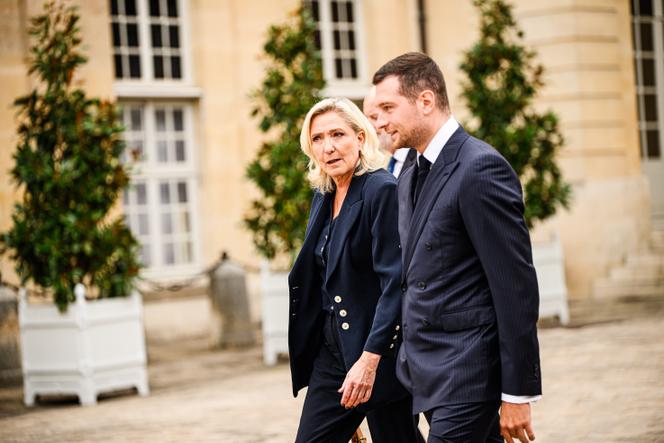 President of the Rassemblement National (RN) Jordan Bardella, and chair of the RN group at the Assemblée Nationale, Marine Le Pen, in Paris, September 2, 2025.