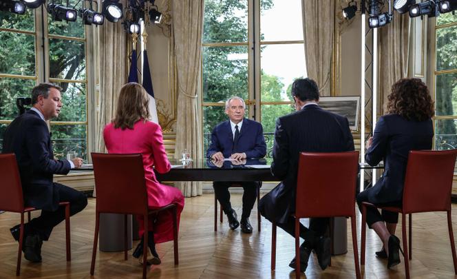 François Bayrou during his interview with LCI, CNews, BFM-TV, and Franceinfo at Matignon, Paris, on August 31, 2025.