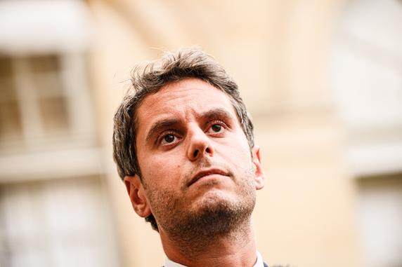 Gabriel Attal, head of President Macron's Renaissance party, speaks to journalists after a meeting with the prime minister, in Paris, on September 2, 2025.