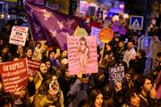 During a march organized for International Women's Rights Day, near Place Taksim in Istanbul, on March 8, 2025.