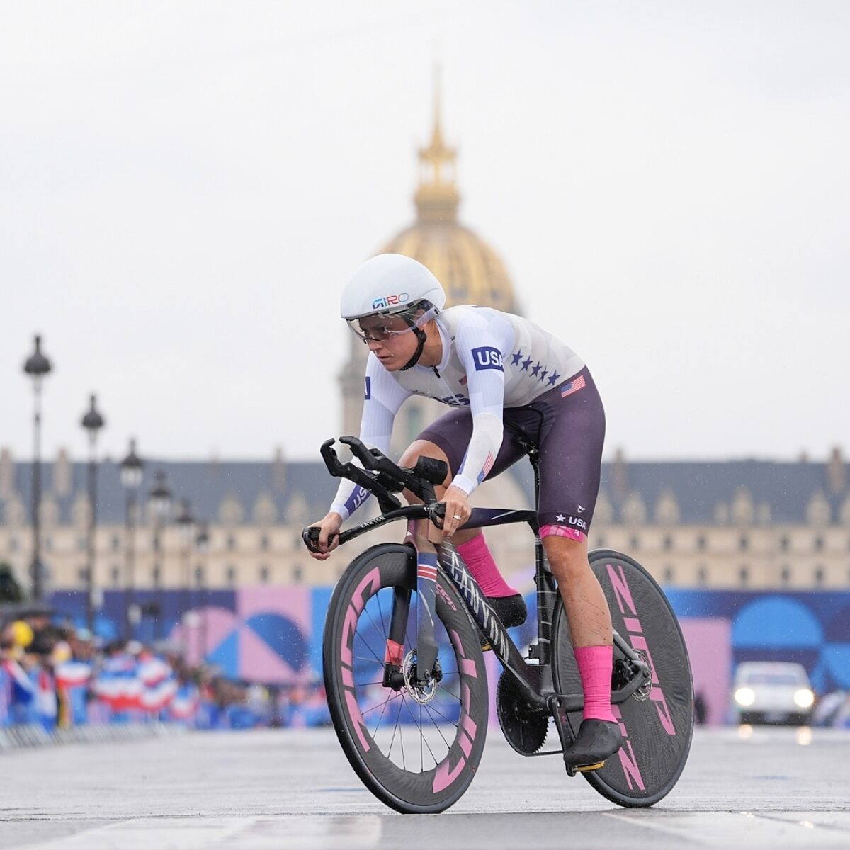 Chloe Dygert racing to bronze in time trials.