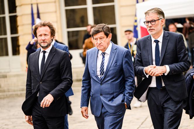 Head of the Socialist MPs in the Assemblée Nationale, Boris Vallaud; his counterpart in the Sénat, Patrick Kanner; and Parti Socialist leader Olivier Faure leaving a meeting with Prime Minister François Bayrou, in Paris, on September 4, 2025.